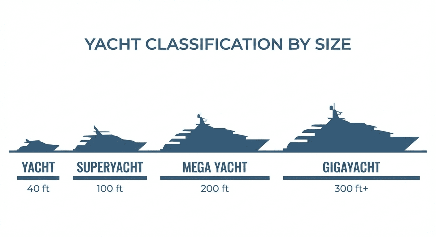 Infographic showing size tiers of yachts from 40 feet to over 300 feet